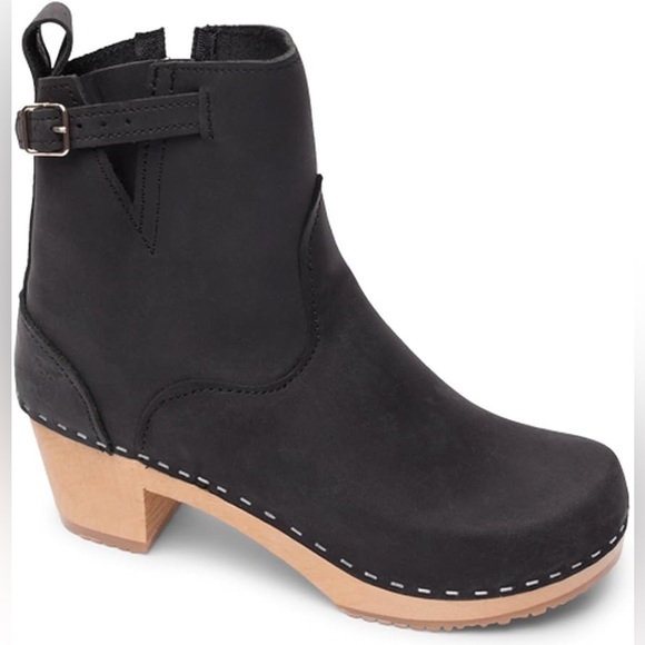 Sandgrens Black Nubuck Leather Wooden Clog Ankle Heeled Boots Size 40